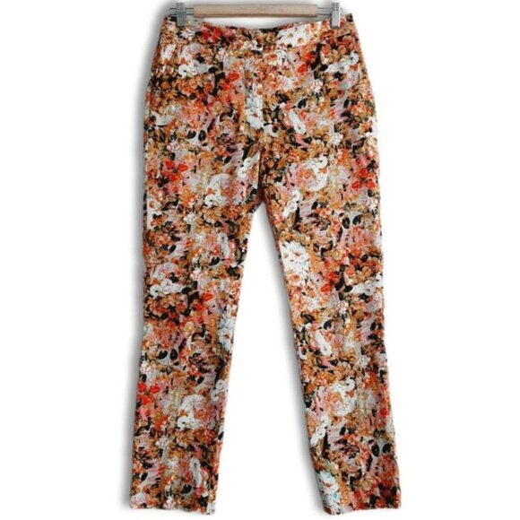 LINEA DOMANI / Crop Ankle Pants Abstract Multicolor Floral Tan Red Pink White 4 - Picture 15 of 15